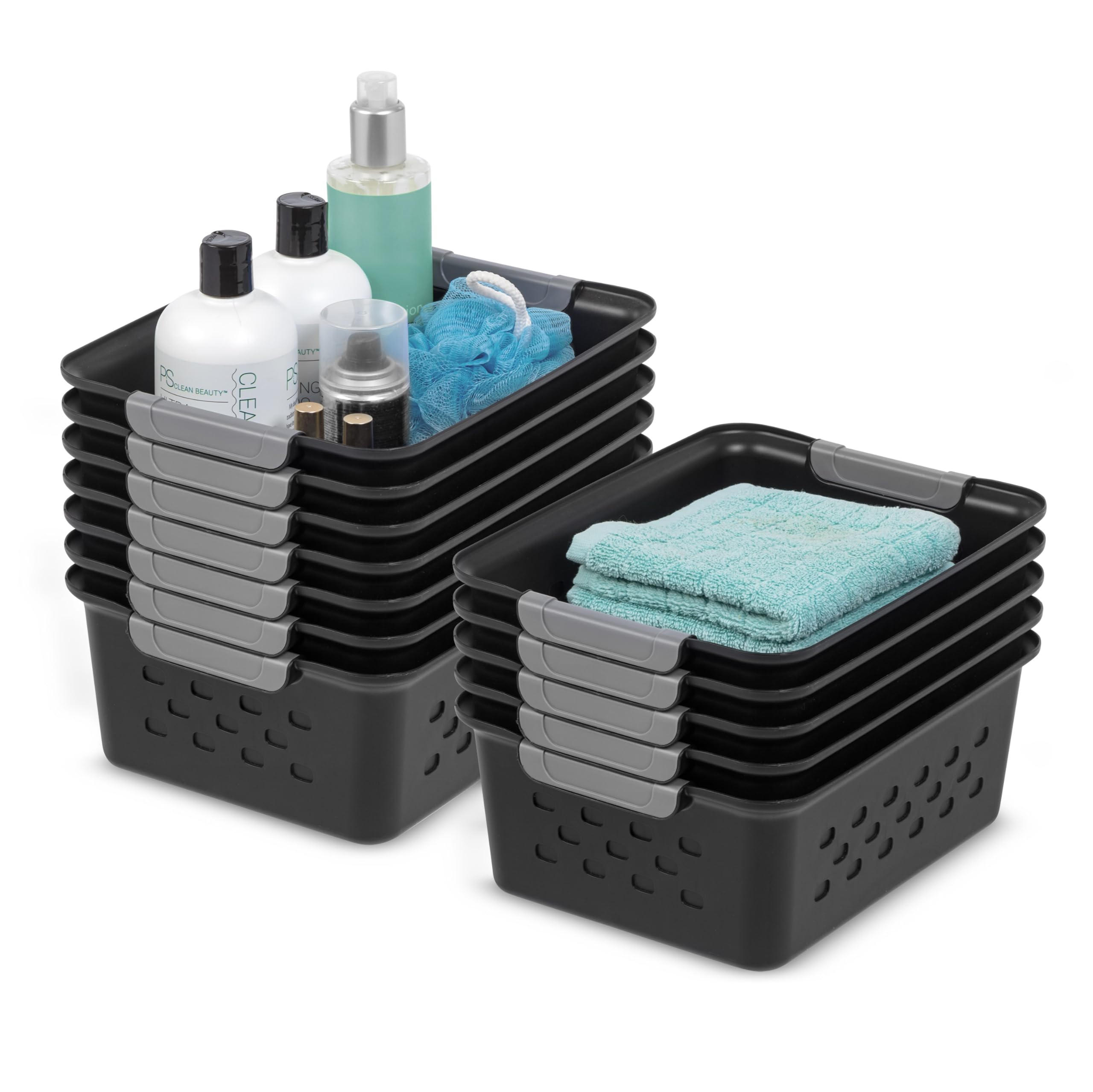 IRIS USA front view of twelve black baskets showing organized pack and storage