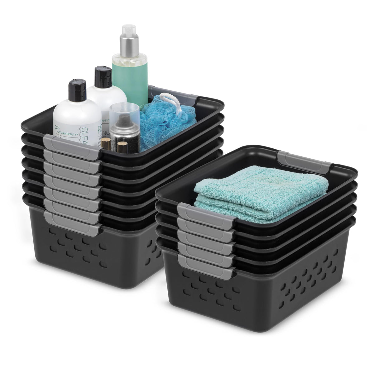 IRIS USA front view of twelve black baskets showing organized pack and storage