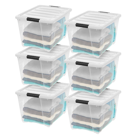 IRIS USA front view of six-pack clear bins showing contents and lids for quick sorting