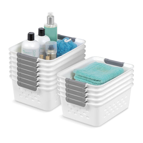 IRIS USA front view of 12-pack white baskets showing organized storage benefits