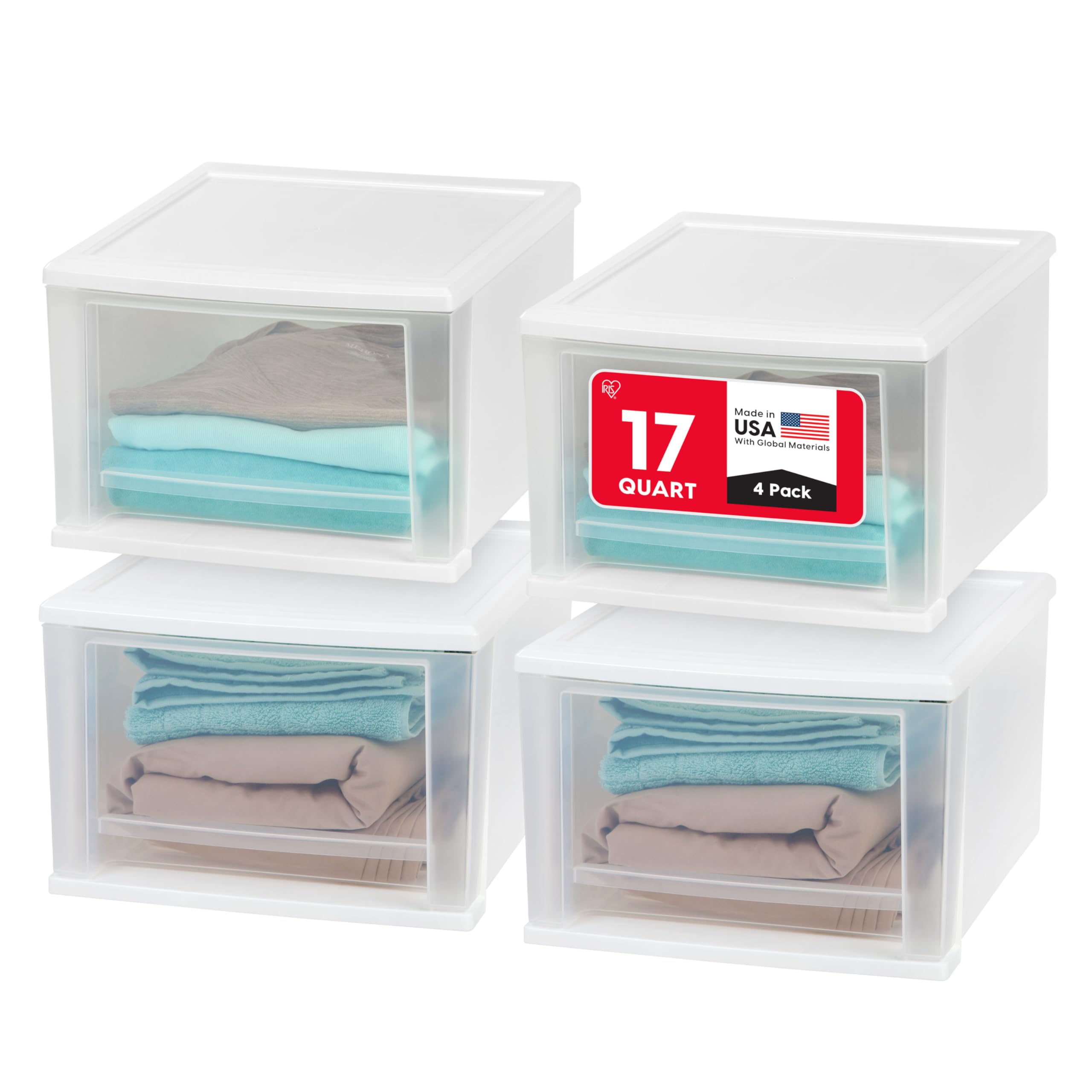 IRIS USA front view showing four white stacking drawers for neat storage