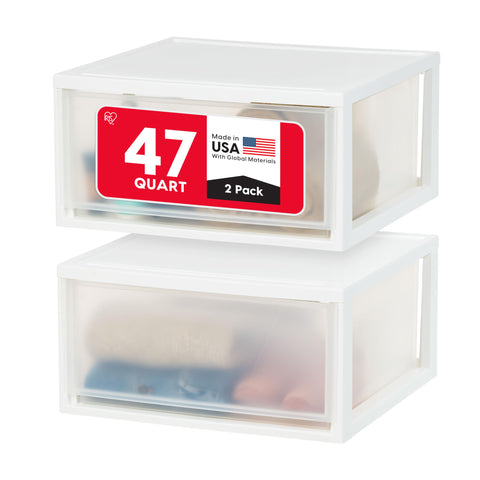 IRIS USA front view of two stacked white drawers showing clean silhouette and organization benefit