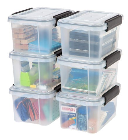 IRIS USA front view of six clear 6-quart WEATHERPRO bins showing set benefit
