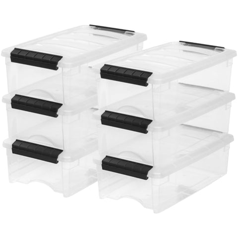 IRIS USA front packaging showing six 6-quart stackable bins and lids for tidy storage