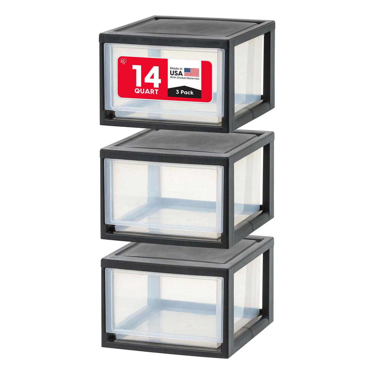 IRIS USA front view three-pack showing neat, space-saving storage benefit