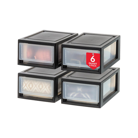 IRIS USA front view of 4-pack showing compact black frame, tidy storage benefit