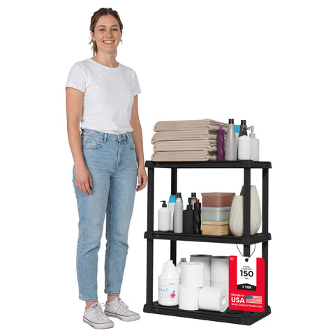 IRIS USA front view of the black 3-tier shelf showing compact storage benefit