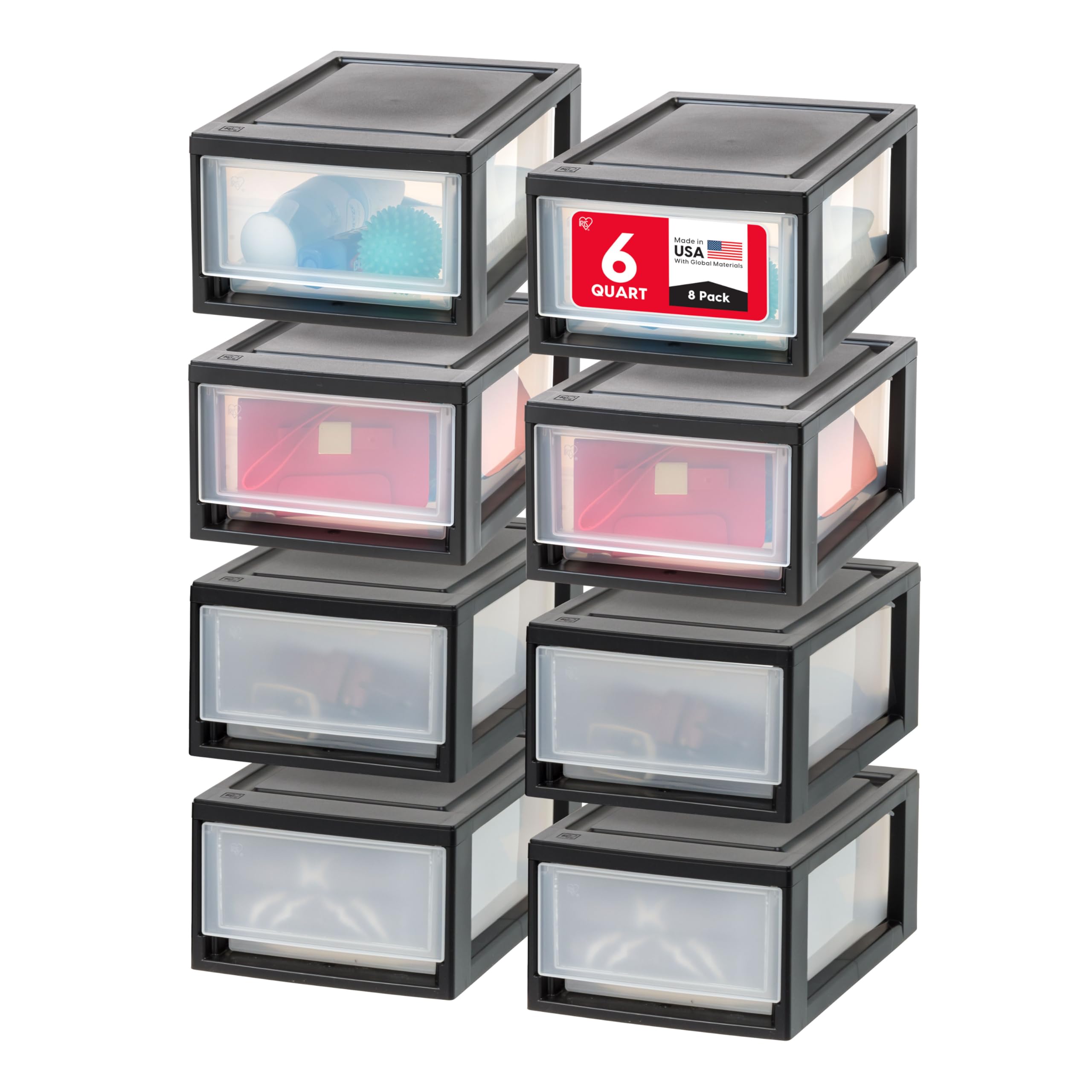 IRIS USA front view of black stacking drawer showing compact storage benefit
