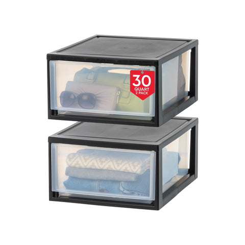 IRIS USA front view of black stacking drawers showing neat storage benefits