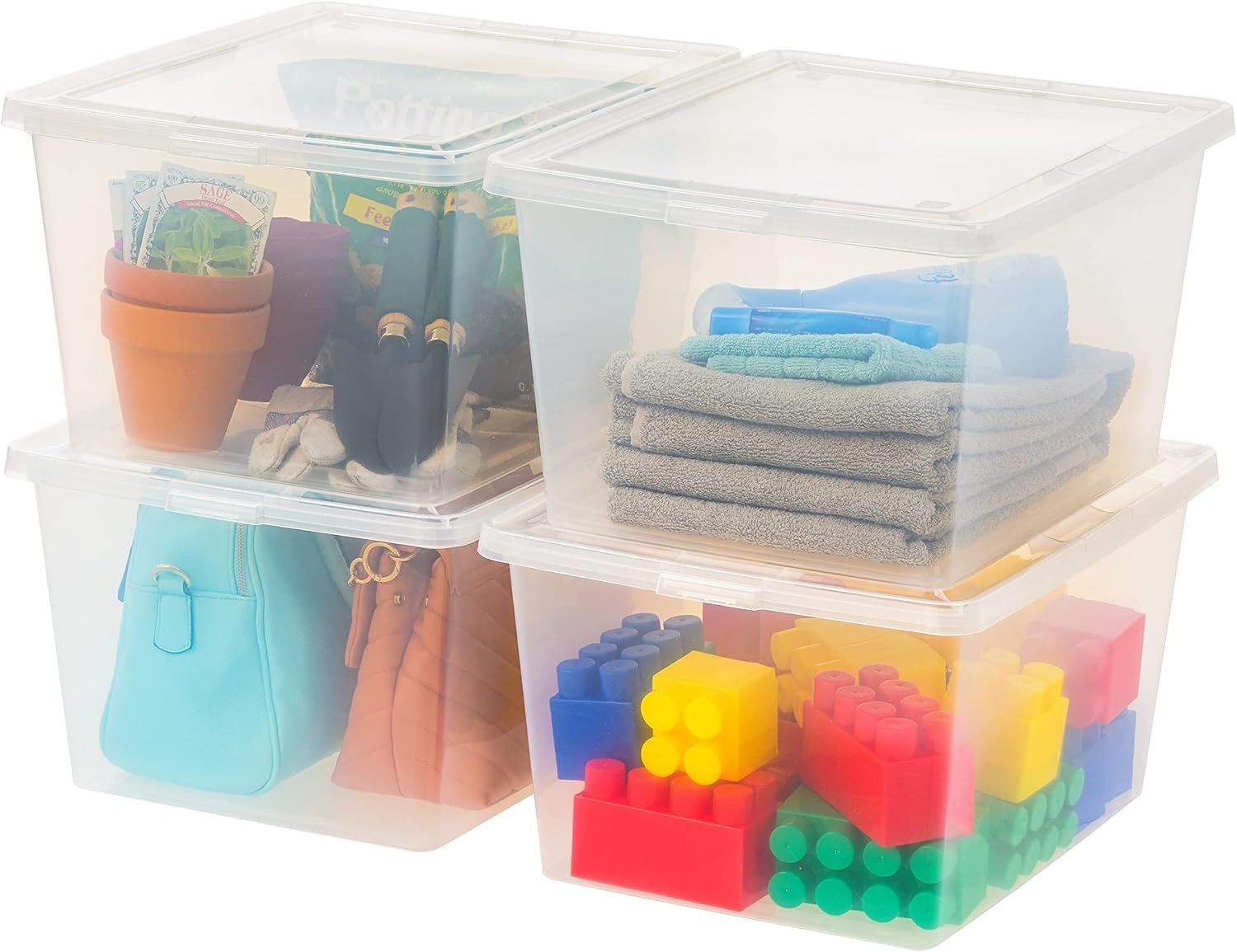 IRIS USA front view of four clear 25 qt bins showing neat storage benefit