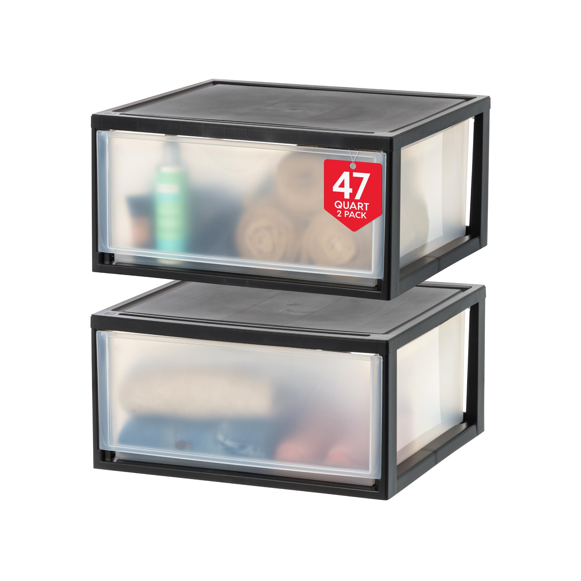 IRIS USA front view of black stacking drawer organizer shows neat storage benefit