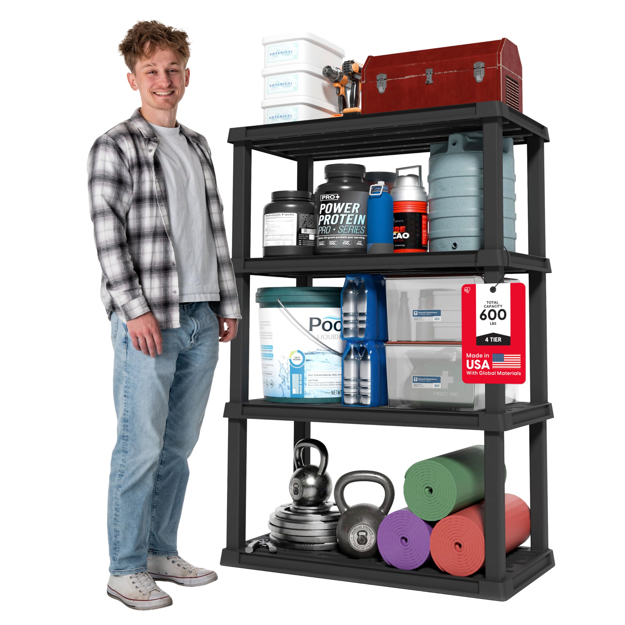 IRIS USA front view of four-tier shelf showing compact organized storage benefit