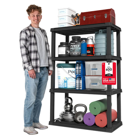 IRIS USA front view of four-tier shelf showing compact organized storage benefit