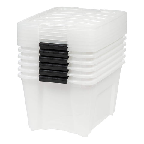 IRIS USA bins on garage shelving demonstrating durable utility storage
