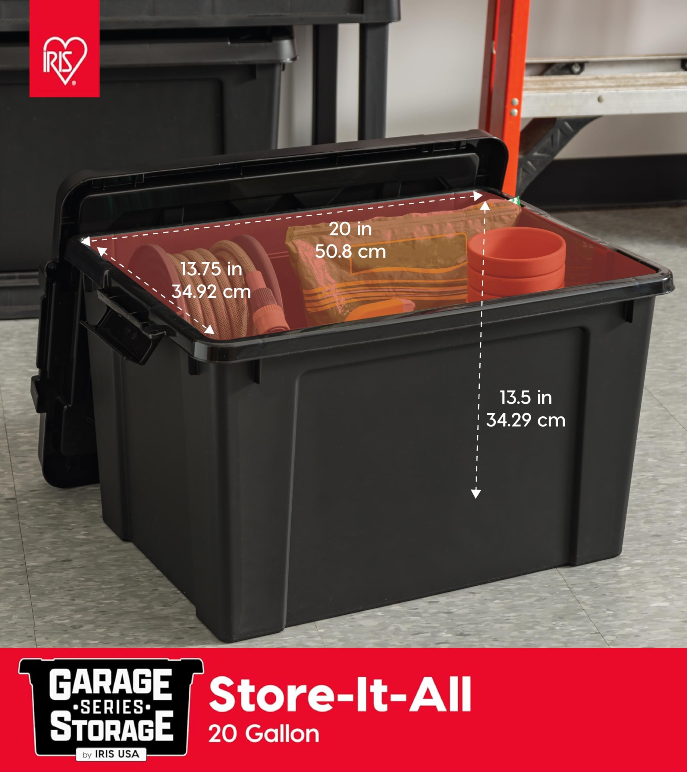 IRIS USA grooved lid detail showing tie-down ready surface for transport safety
