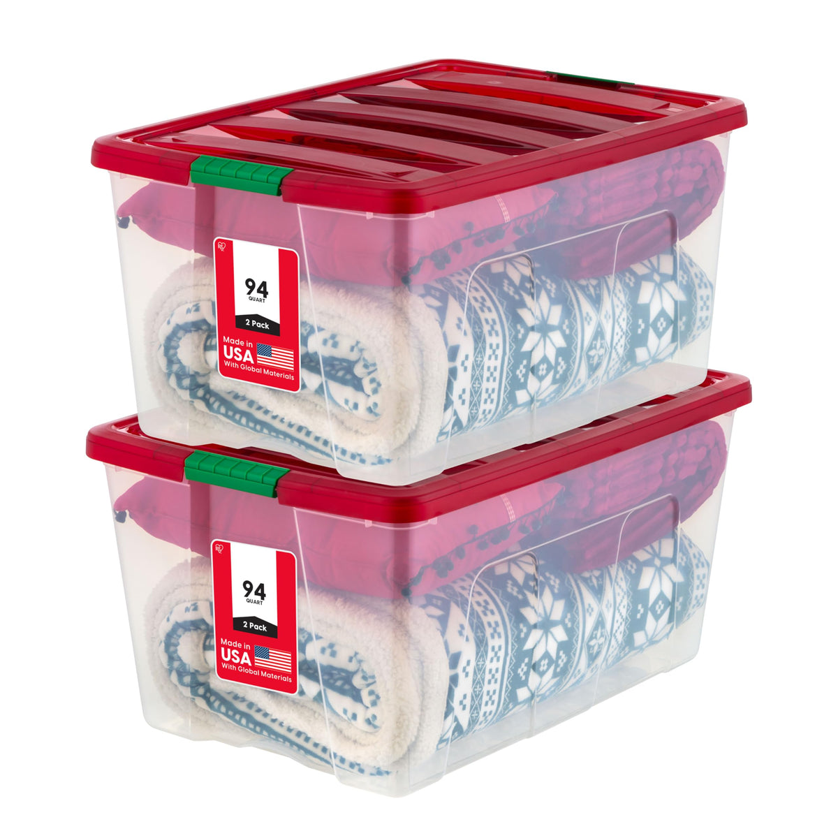 IRIS USA red 94 qt bin front view showing capacity and clear identification benefit