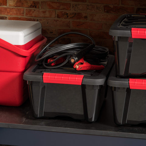 IRIS USA bins neatly lined on a closet shelf for visible, tidy organization