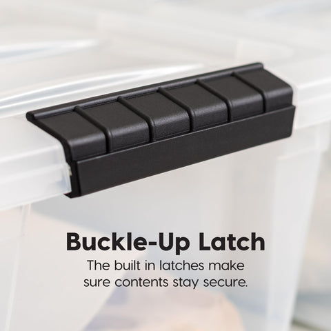 IRIS USA bins fitted on a narrow shelf showing slim storage solution