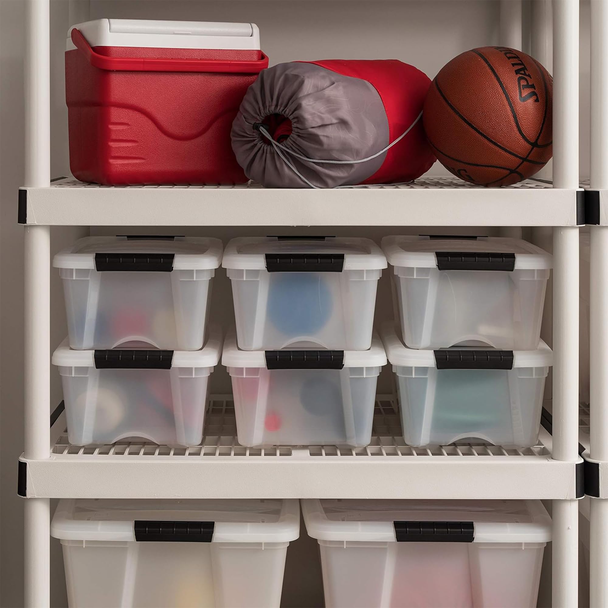 IRIS USA bin holding shoes showcasing compact shoe storage