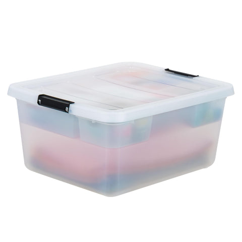 IRIS USA clear box with label showing quick visibility and fast item identification