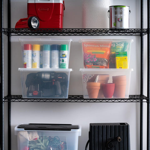 IRIS USA bins in closet showing tidy room organization and visibility benefit
