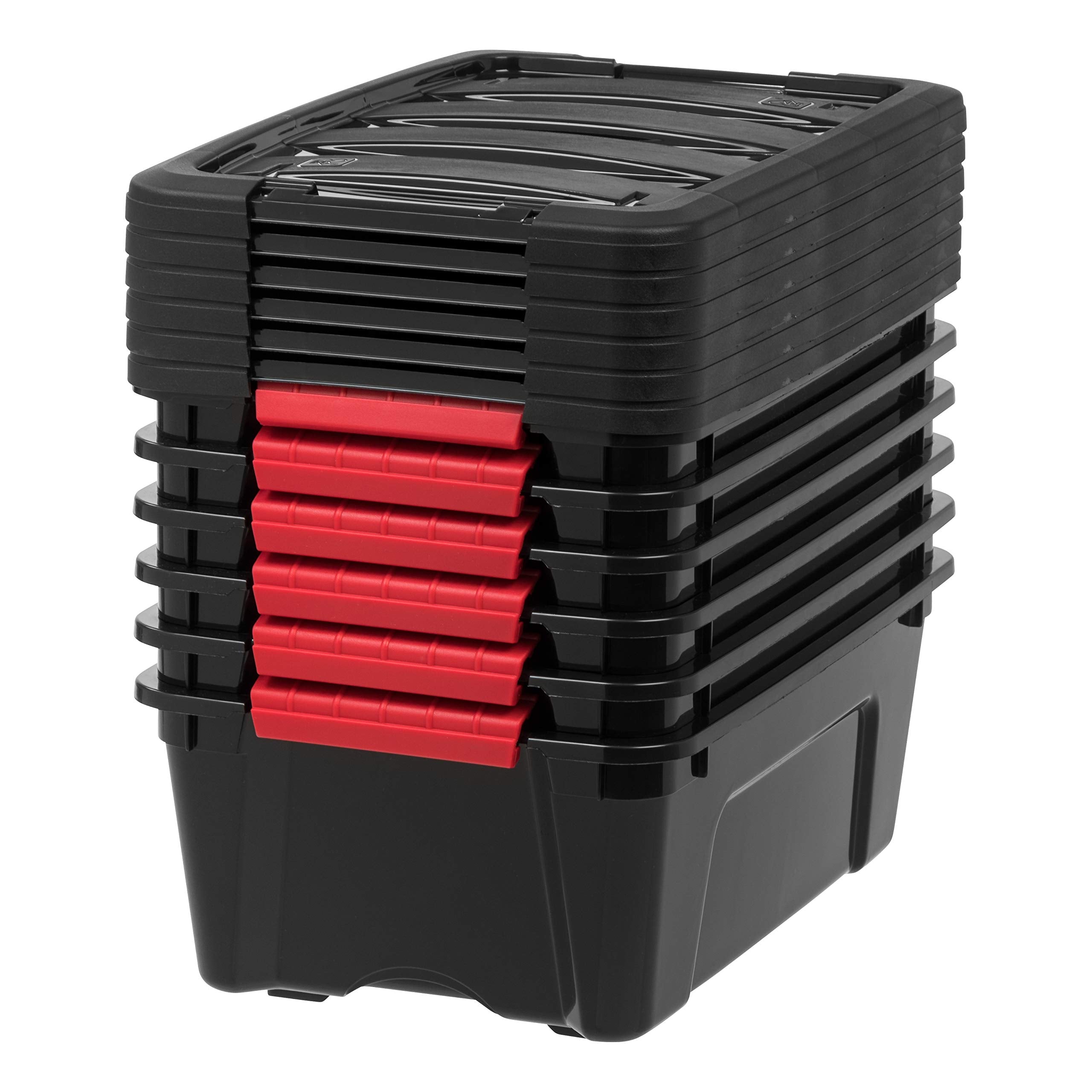 IRIS USA stacked bins in a garage setting demonstrating space-saving benefit