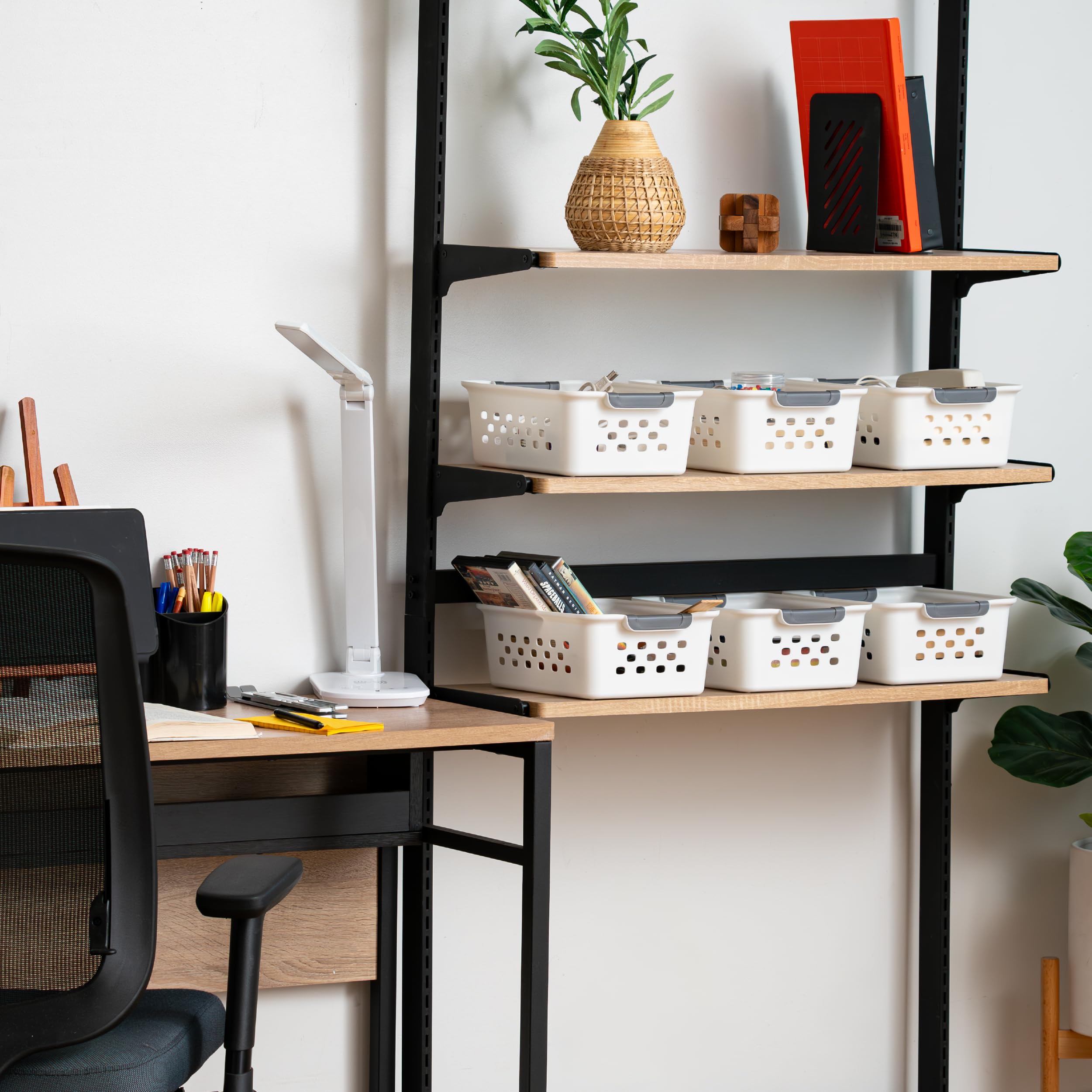 IRIS USA basket on desk holding pens and chargers to reduce clutter
