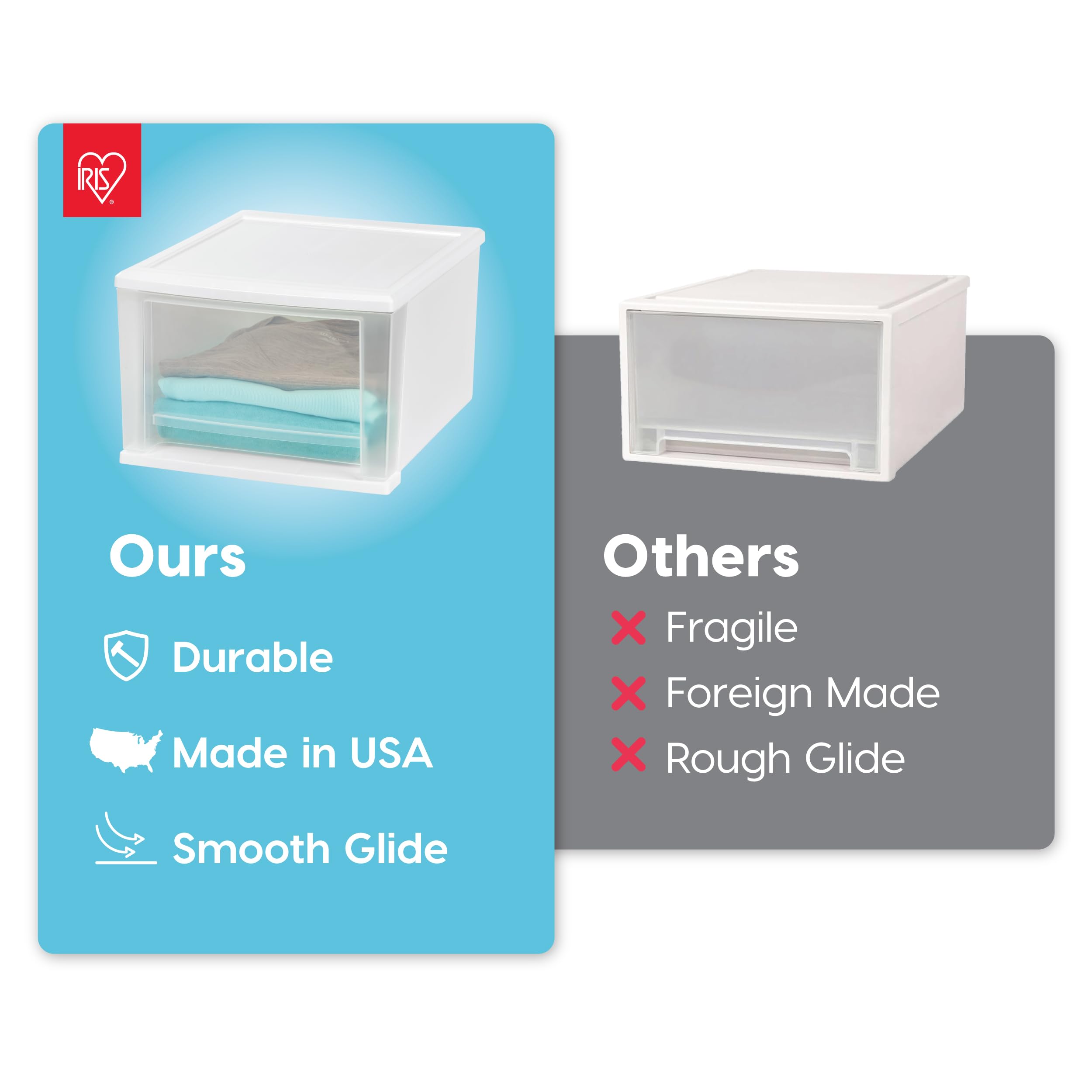 IRIS USA open drawer with folded clothing demonstrating organized storage