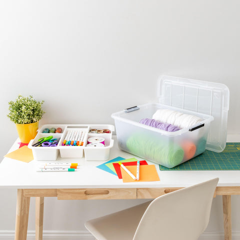 IRIS USA open interior with larger items illustrating tray removal and flexible capacity