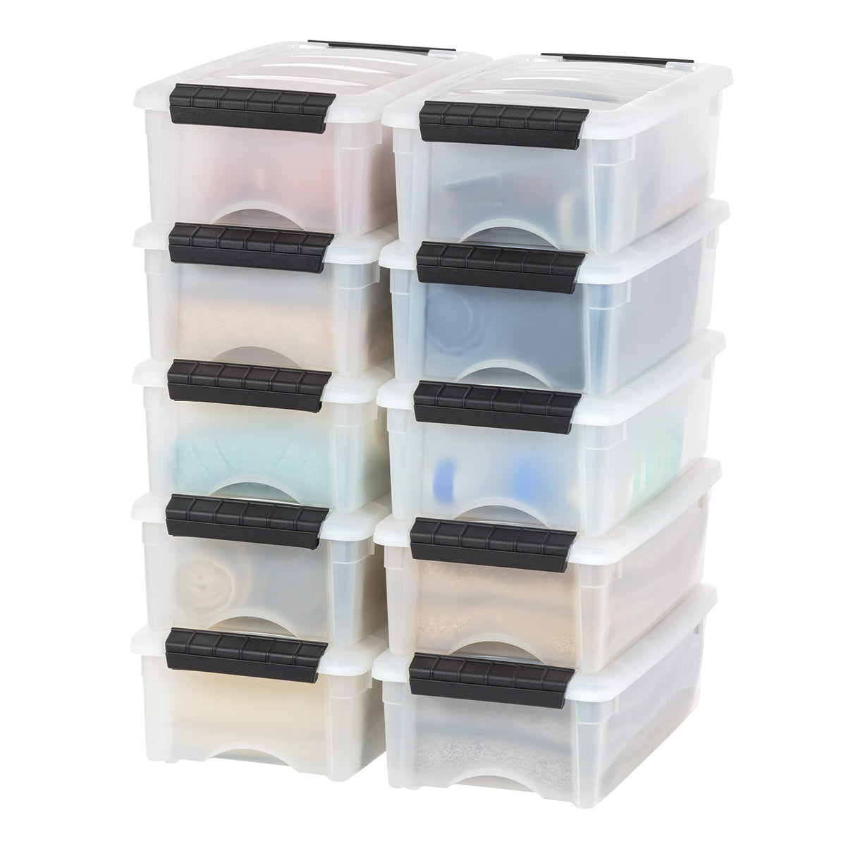 IRIS USA front view of 10-pack pearl bins showing neat storage benefit