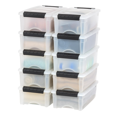 IRIS USA front view of 10-pack pearl bins showing neat storage benefit