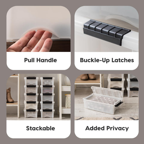 IRIS USA stacked bins on shelf maximizing vertical space benefit