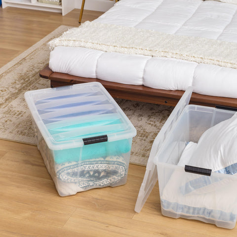 IRIS USA bottom pull handle detail for easy retrieval from deep shelves benefit