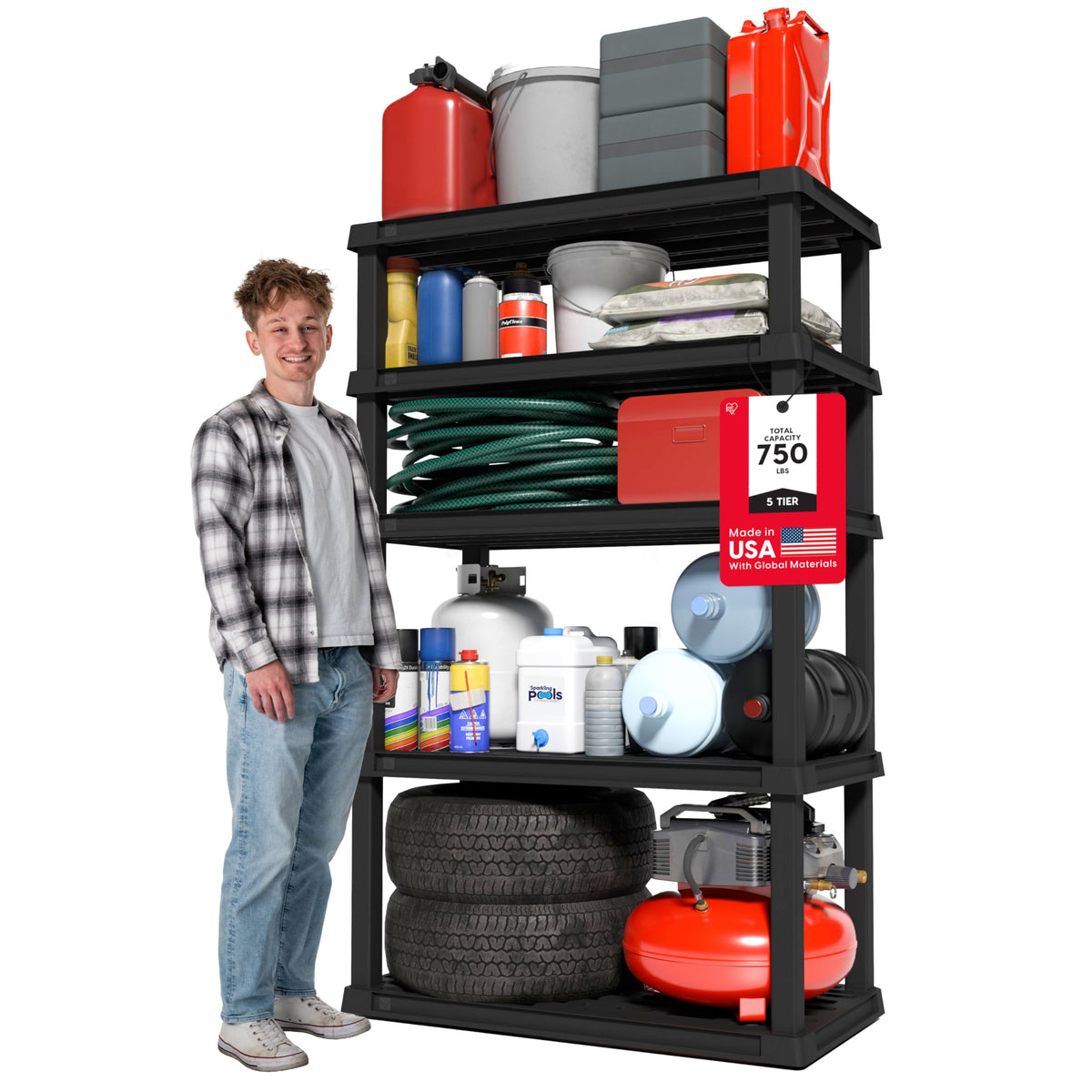 IRIS USA front view showing five-tier storage and compact footprint benefit organization