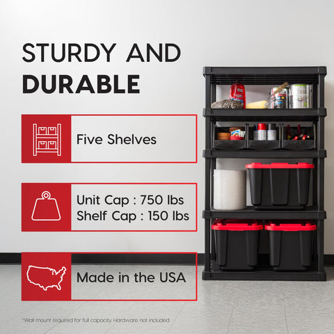 IRIS USA shelf holding bins and tools in garage demonstrating heavy-duty storage