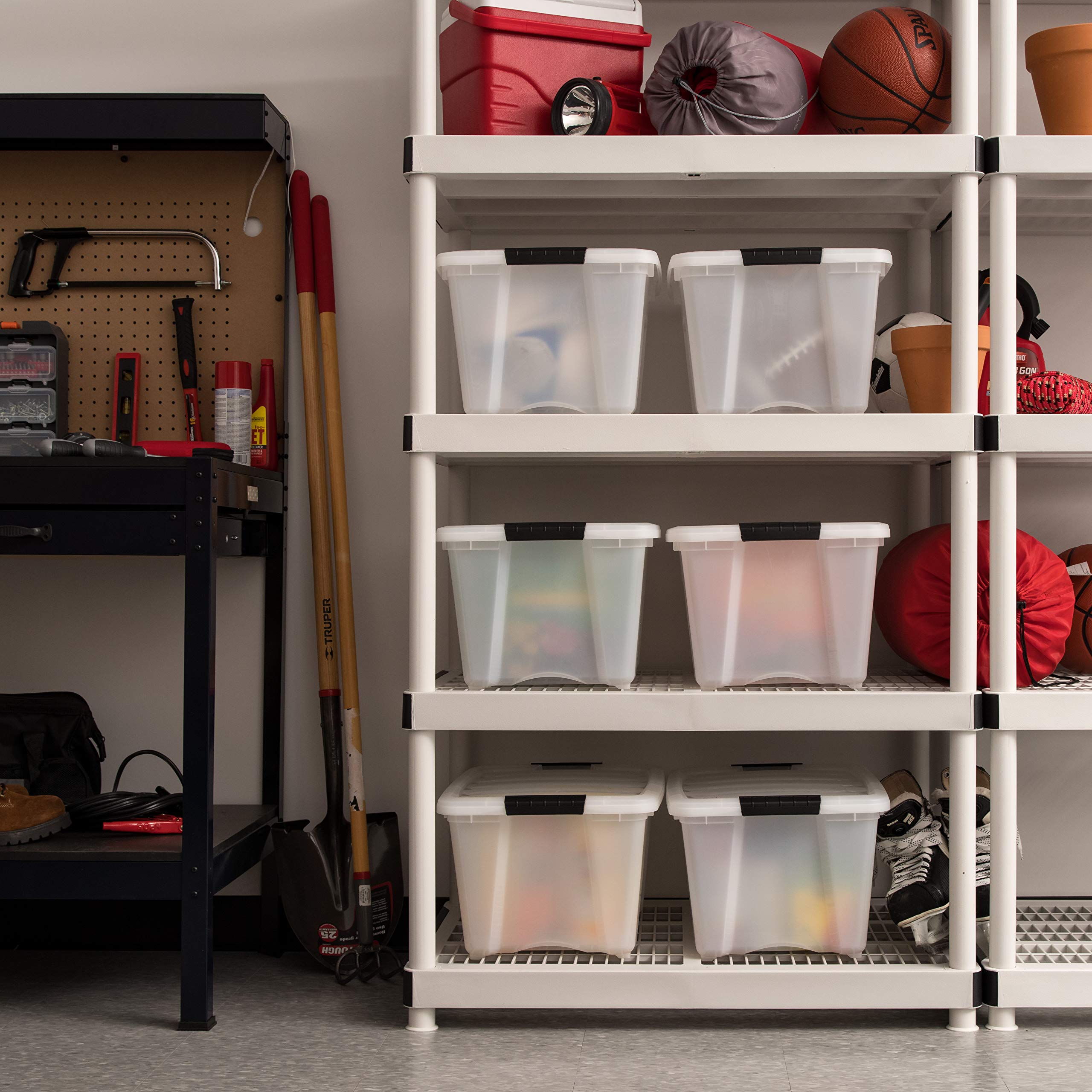 IRIS USA side profile of three stacked bins showing space‑saving vertical storage