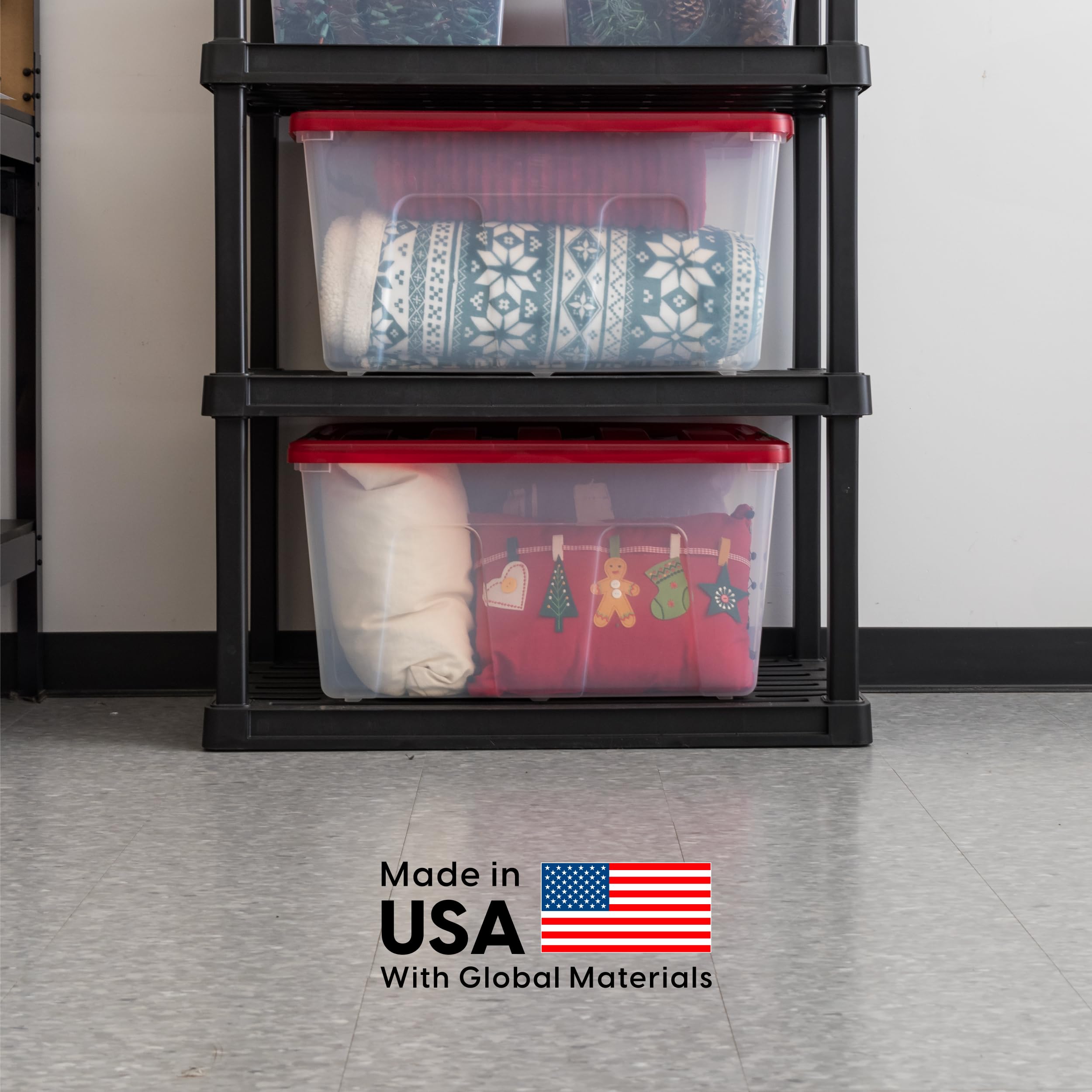 IRIS USA bin next to shelving showing size comparison and efficient storage benefit