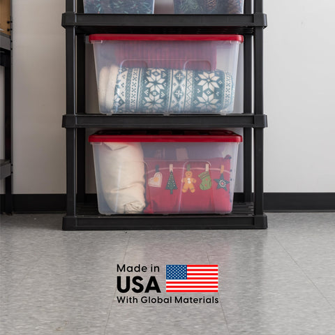 IRIS USA bin next to shelving showing size comparison and efficient storage benefit