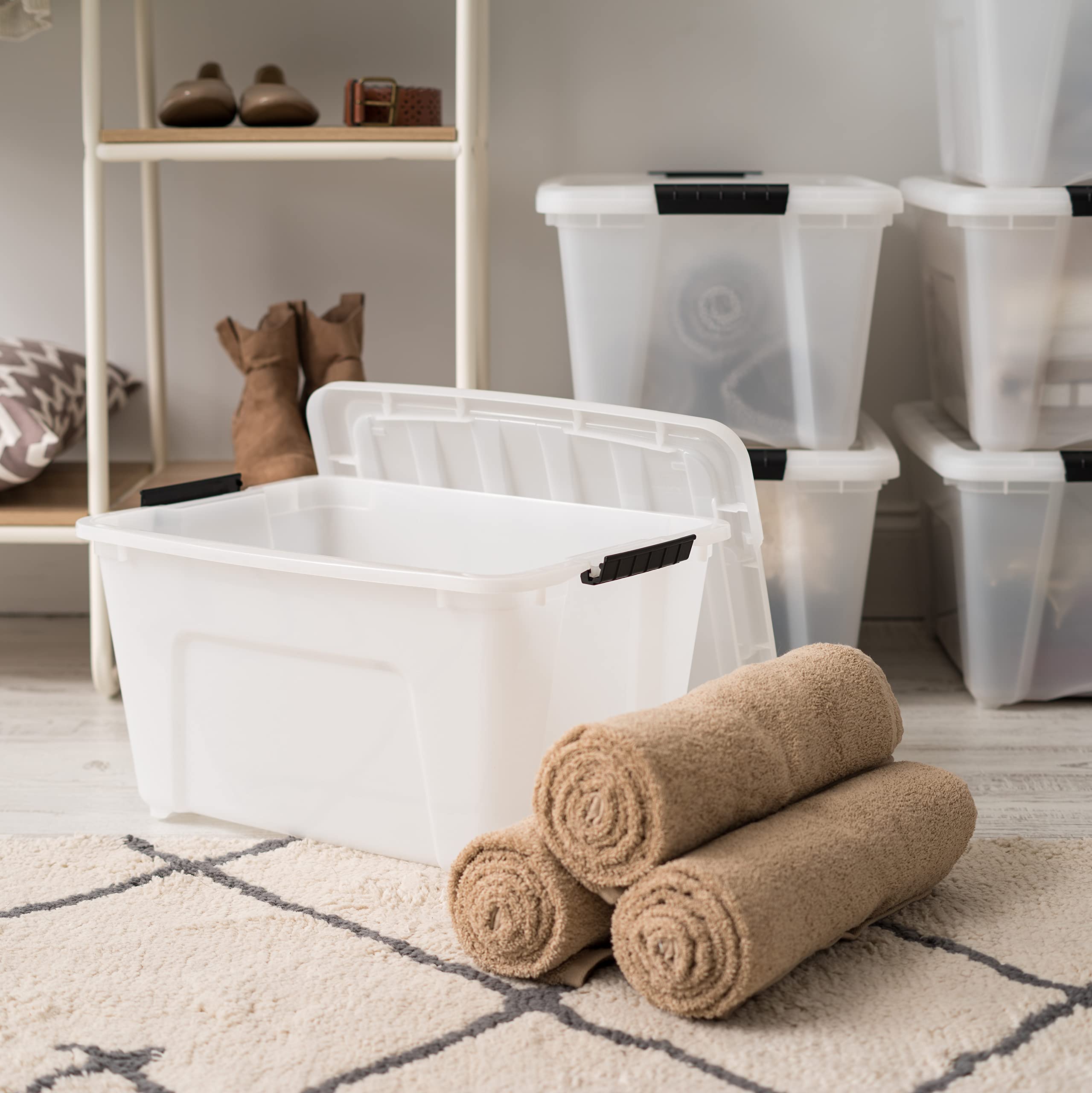 IRIS USA bin under bed to show compact size and space saving