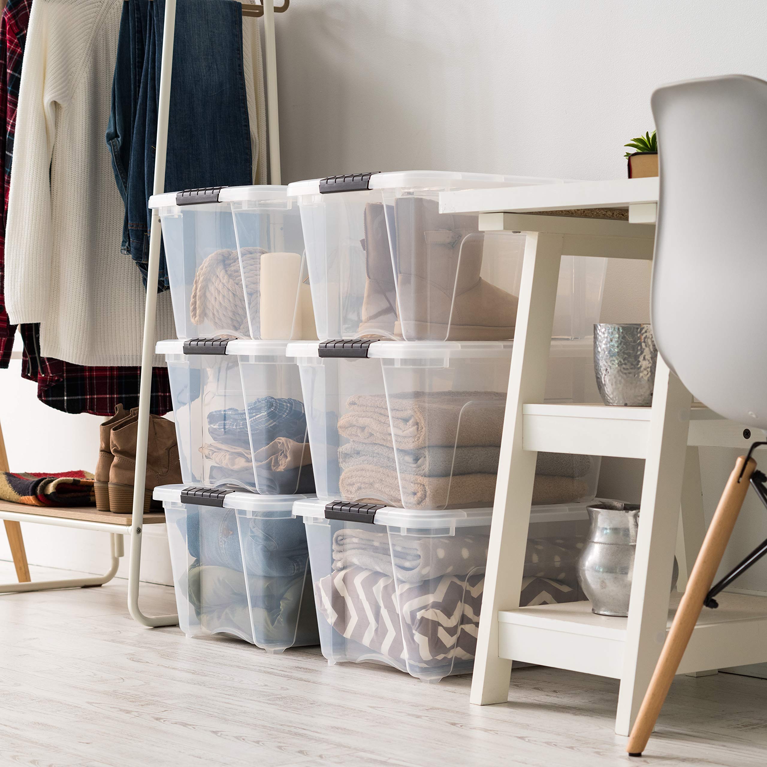 IRIS USA stacked bins on closet shelf illustrating space-maximizing benefit
