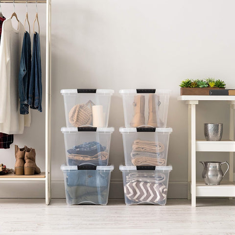 IRIS USA stacked bins in garage showing vertical space optimization