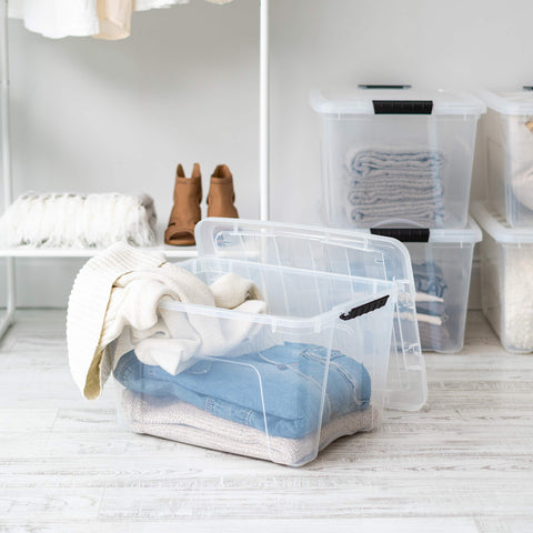 IRIS USA stacked bins in closet maximizing vertical storage efficiency
