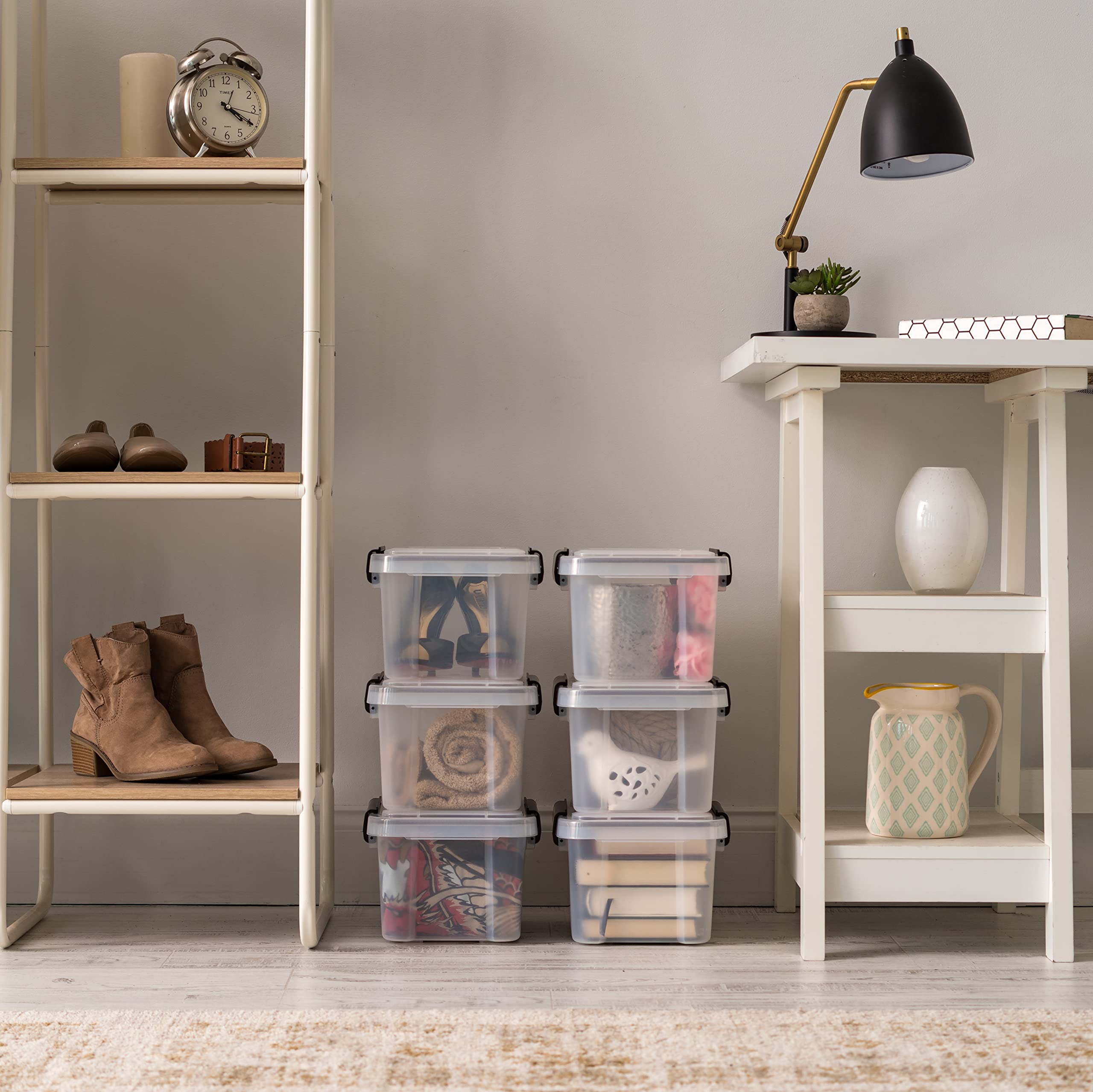 IRIS USA stacked bins on shelf showing stable stacking benefit