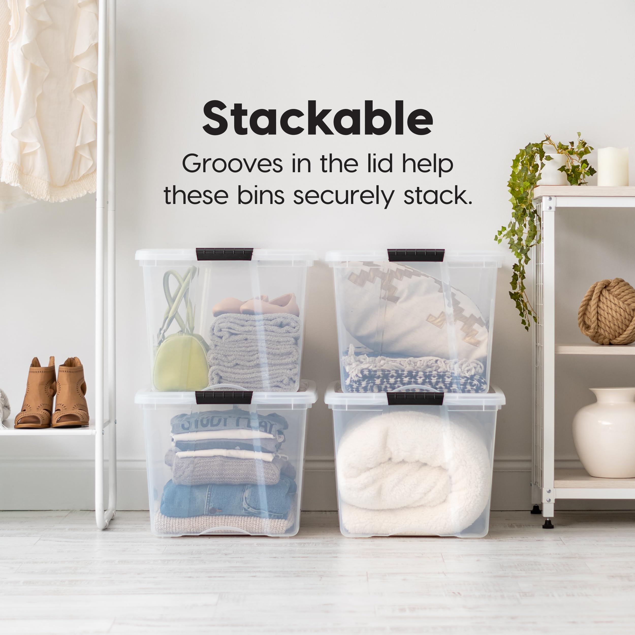 IRIS USA bins stacked neatly in closet to maximize vertical space