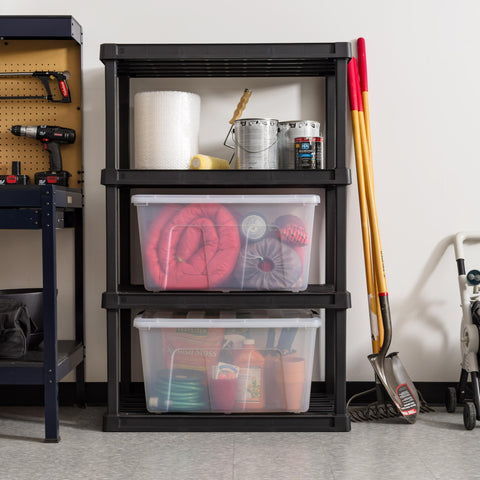 IRIS USA three bins stacked in closet maximizing vertical storage benefit