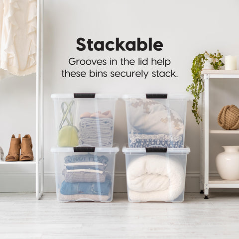 IRIS USA bins stacked neatly in closet to maximize vertical space