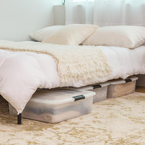 IRIS USA stacked bins with lids showing vertical space‑saving organization