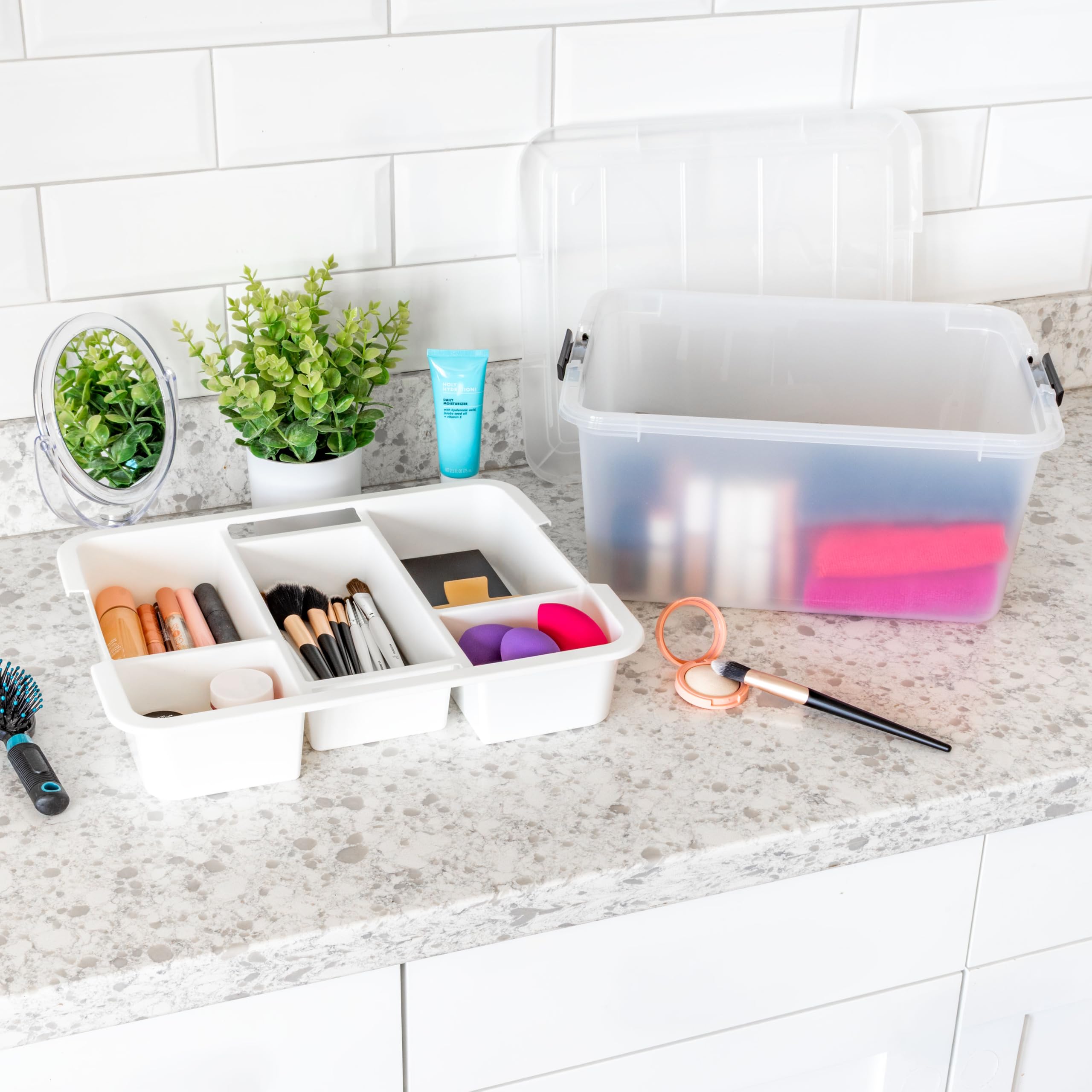 IRIS USA stacked organizers on shelf maximizing vertical storage and easy access