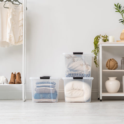 IRIS USA two bins stacked on shelving to maximize vertical storage space