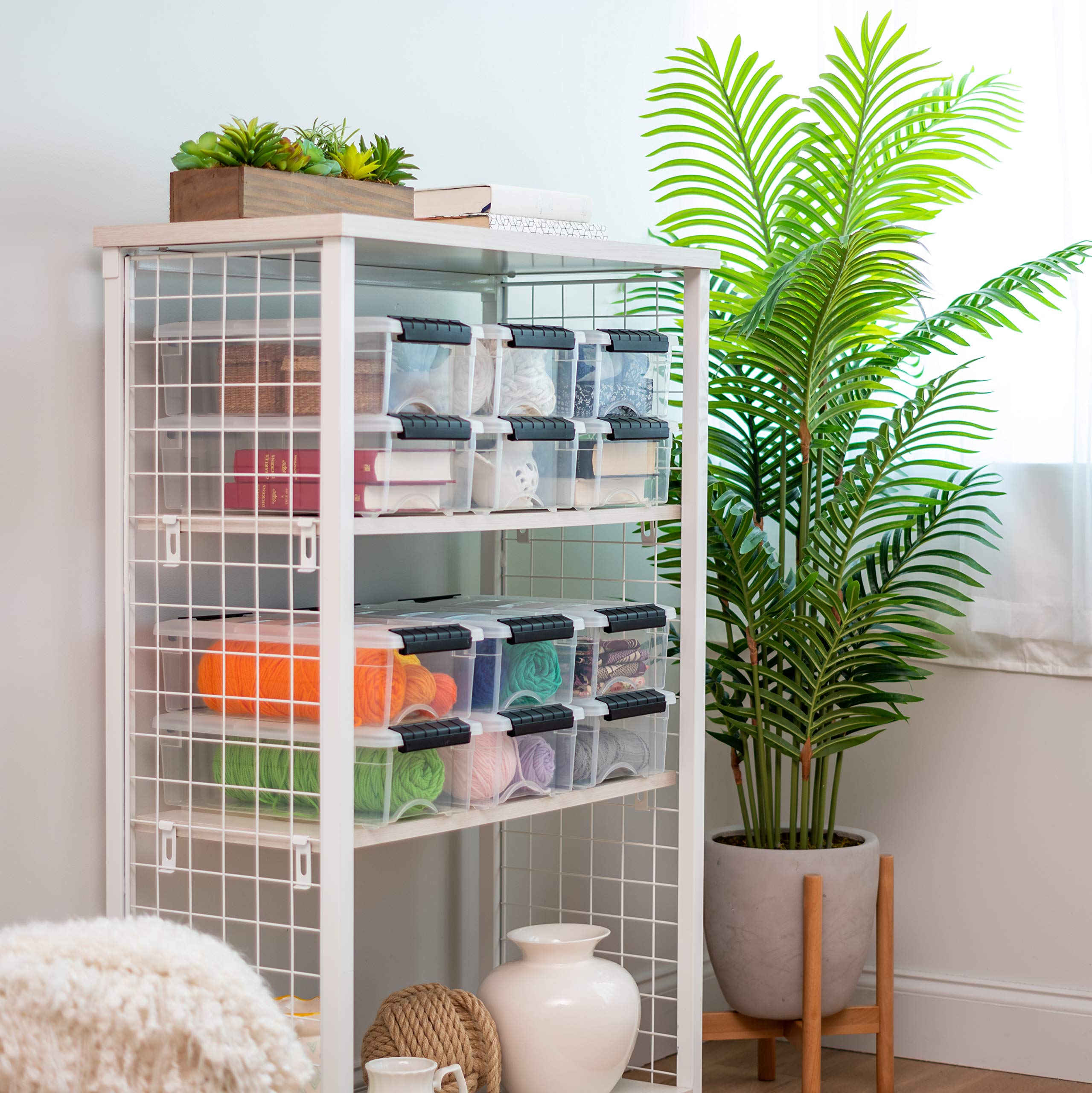 IRIS USA stacked bins on a closet shelf maximizing vertical storage space